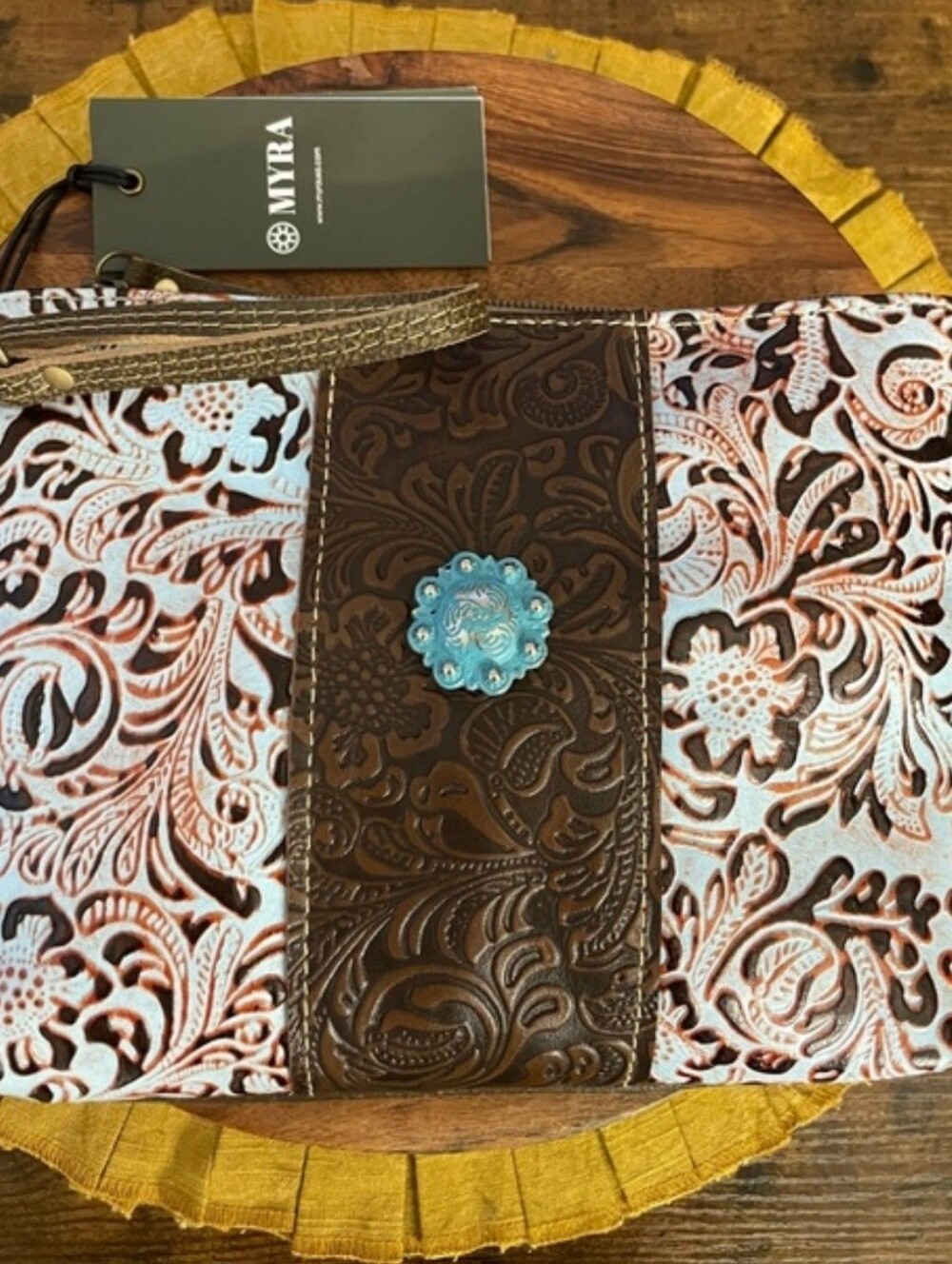 Myra NWT Bag Women’s Brown Tooled Leather Wristlet with Turquoise Accent